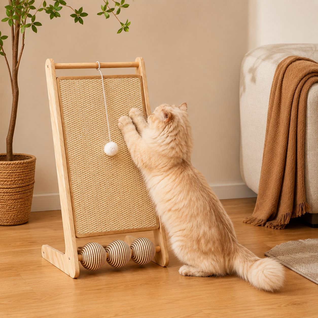 Large Leaning Sisal Cat Scratcher for Indoor Cats Large leaning sisal cat scratcher with hanging toy balls for indoor cats