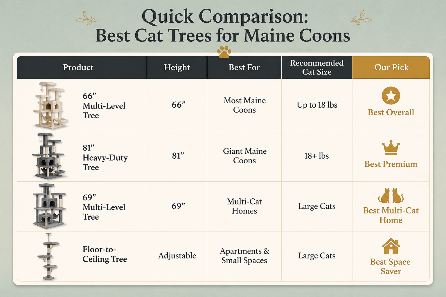 Best Cat Trees for Maine Coons Comparison Chart Best cat trees for Maine Coons comparison chart showing height, recommended cat size, and our top picks.