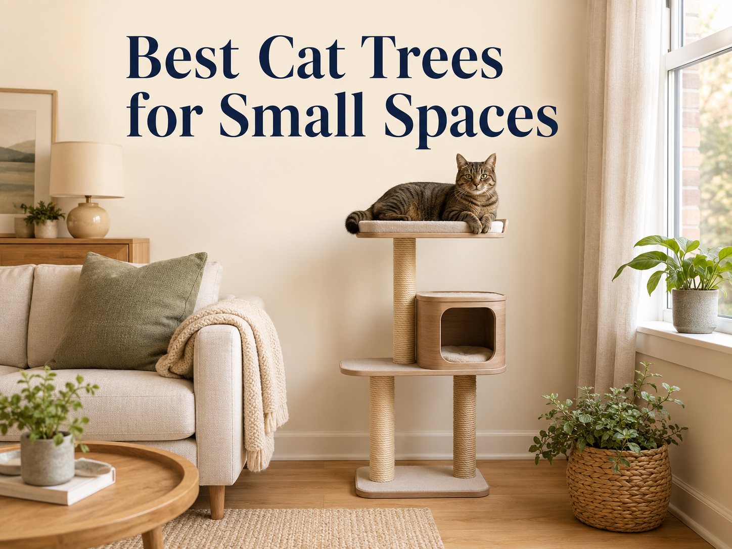 Compact modern cat tree with a lounging tabby cat in a stylish small apartment