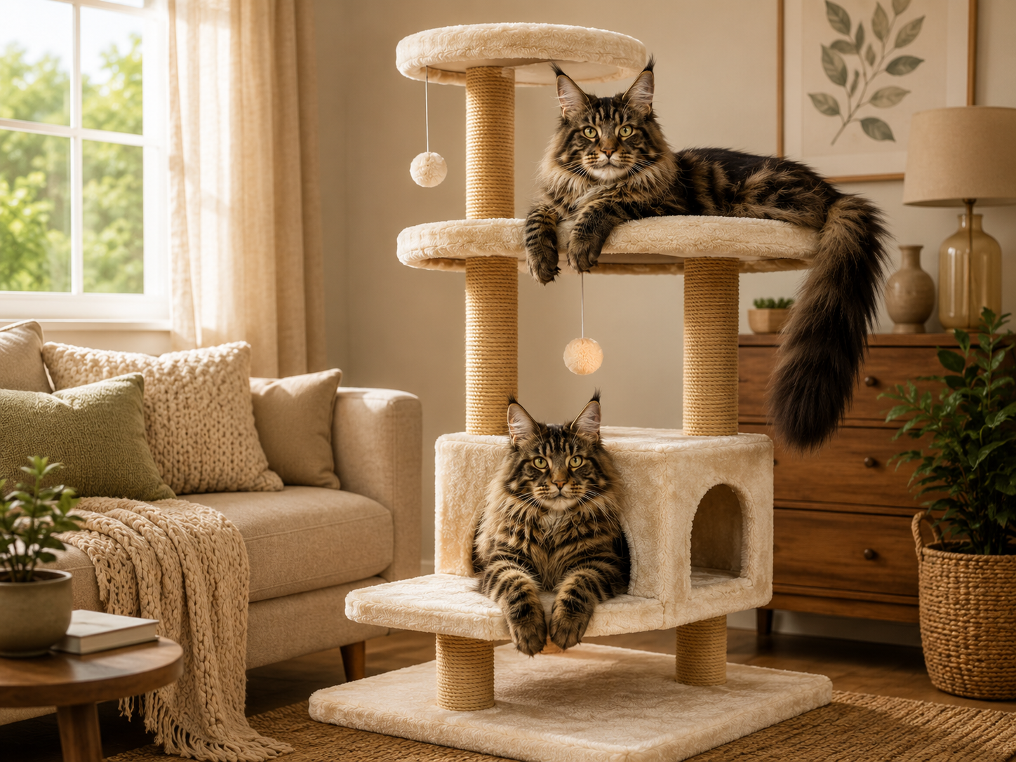 Large cats relaxing on a sturdy multi-level cat tree with wide platforms and spacious perches