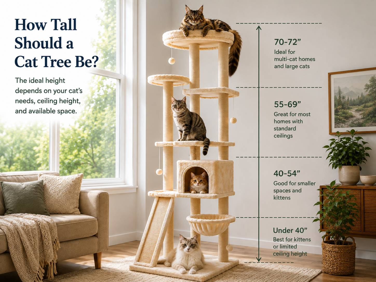 Cat tree height guide comparing recommended heights for kittens, adult cats, active climbers, and large cats