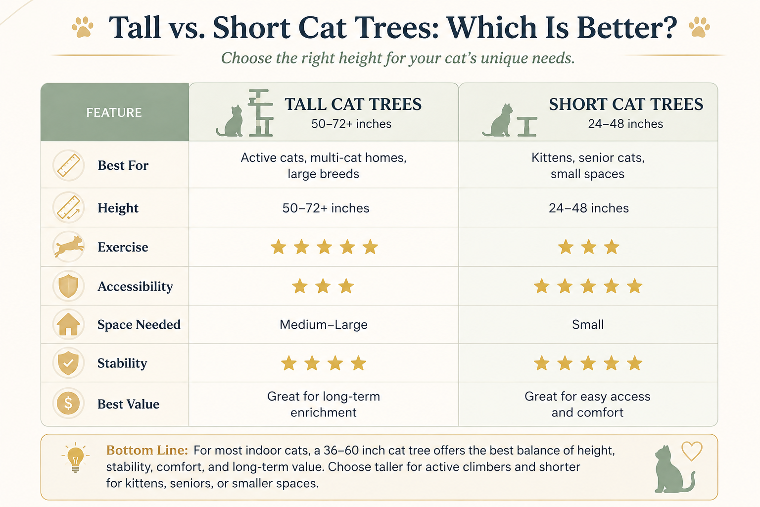 Comparison chart showing the differences between tall and short cat trees, including ideal height, best use, exercise, accessibility, space requirements, and stability.