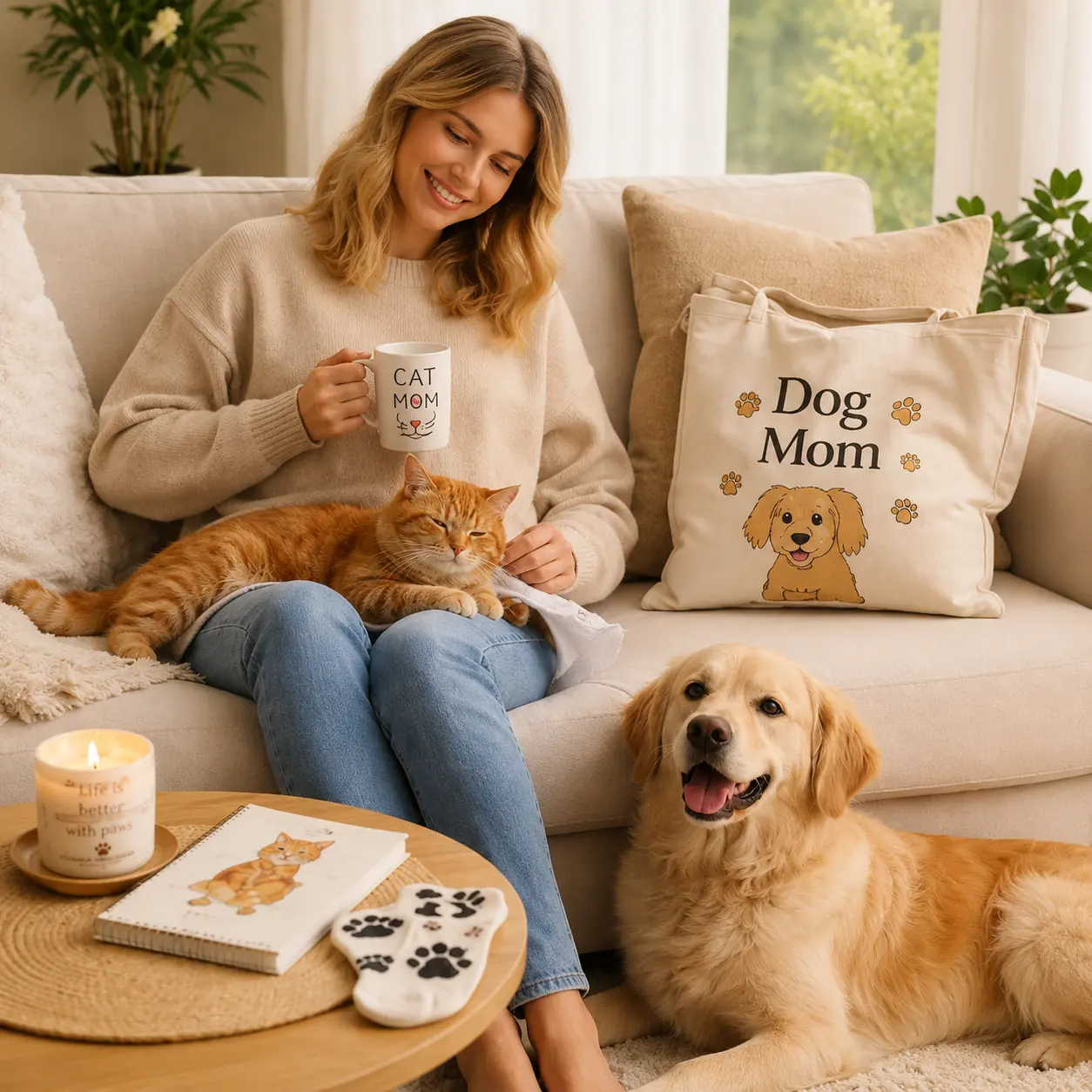 Cat mom relaxing with an orange cat and golden retriever beside pet lover gifts