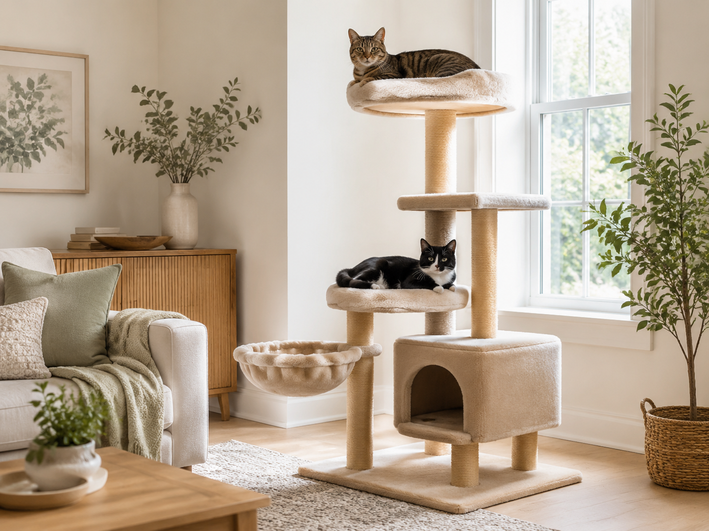 Two indoor cats relaxing at different heights on a tall cat tree