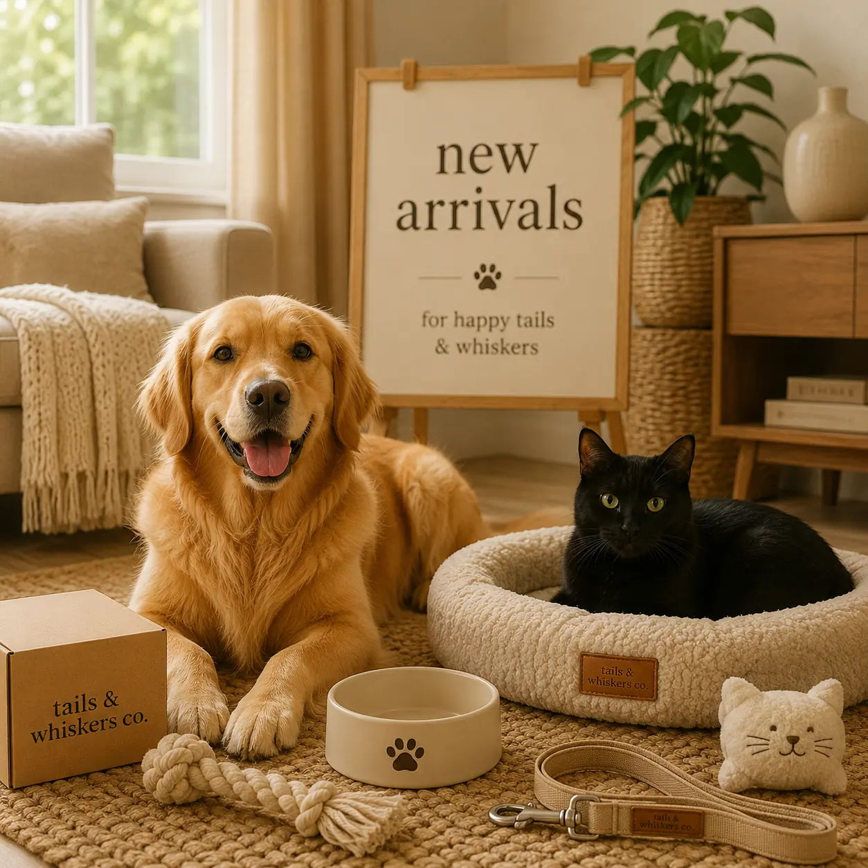 Golden retriever and black cat surrounded by new pet arrivals