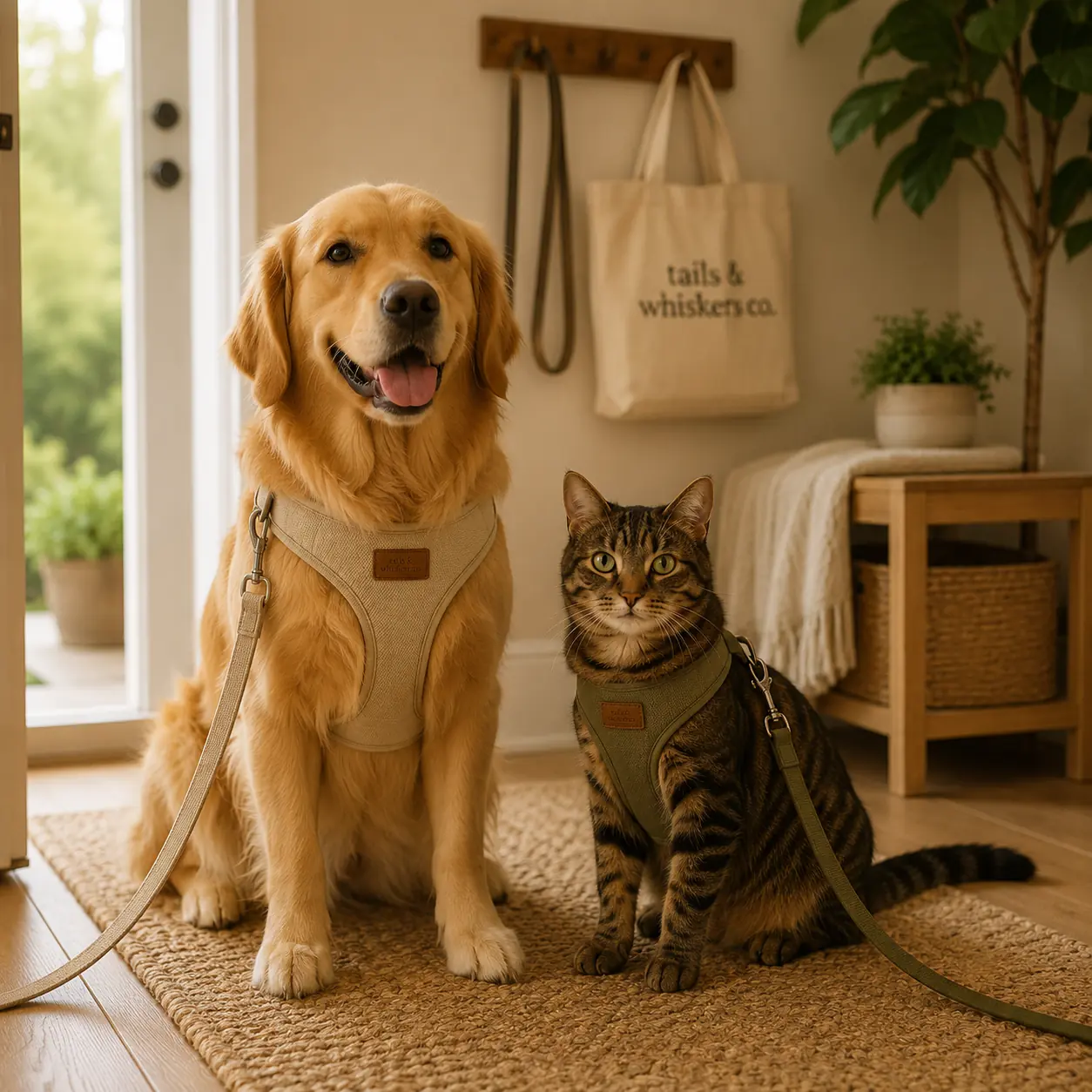 Golden retriever and tabby cat wearing matching harnesses and leashes