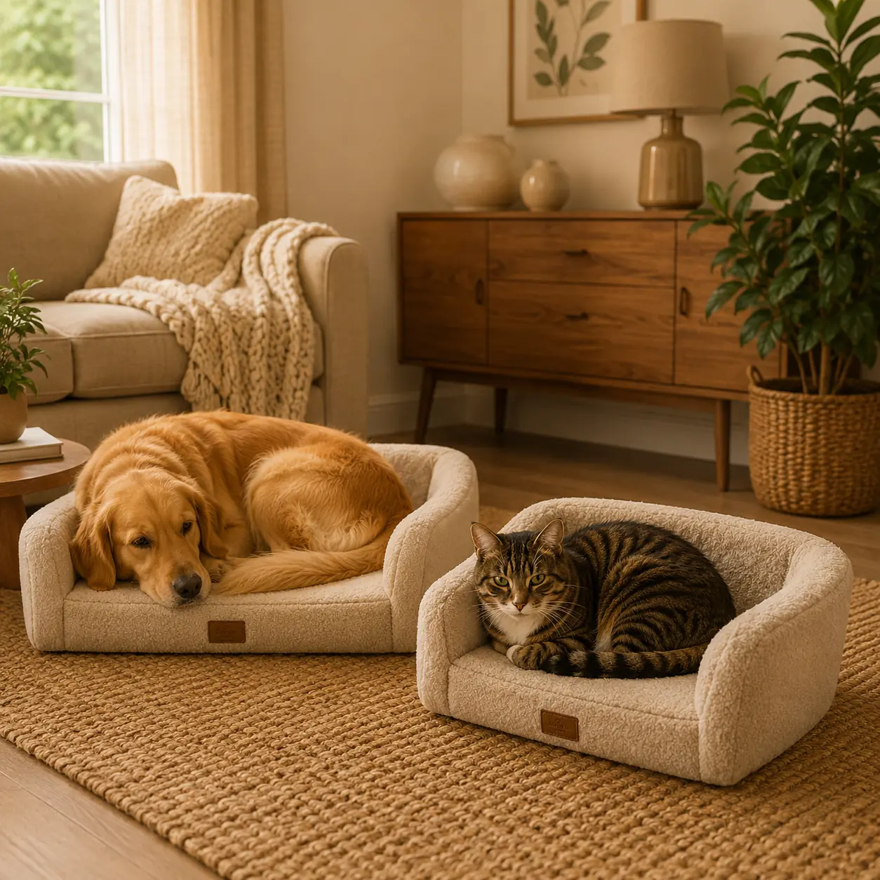 Golden retriever and tabby cat relaxing in modern cream pet beds