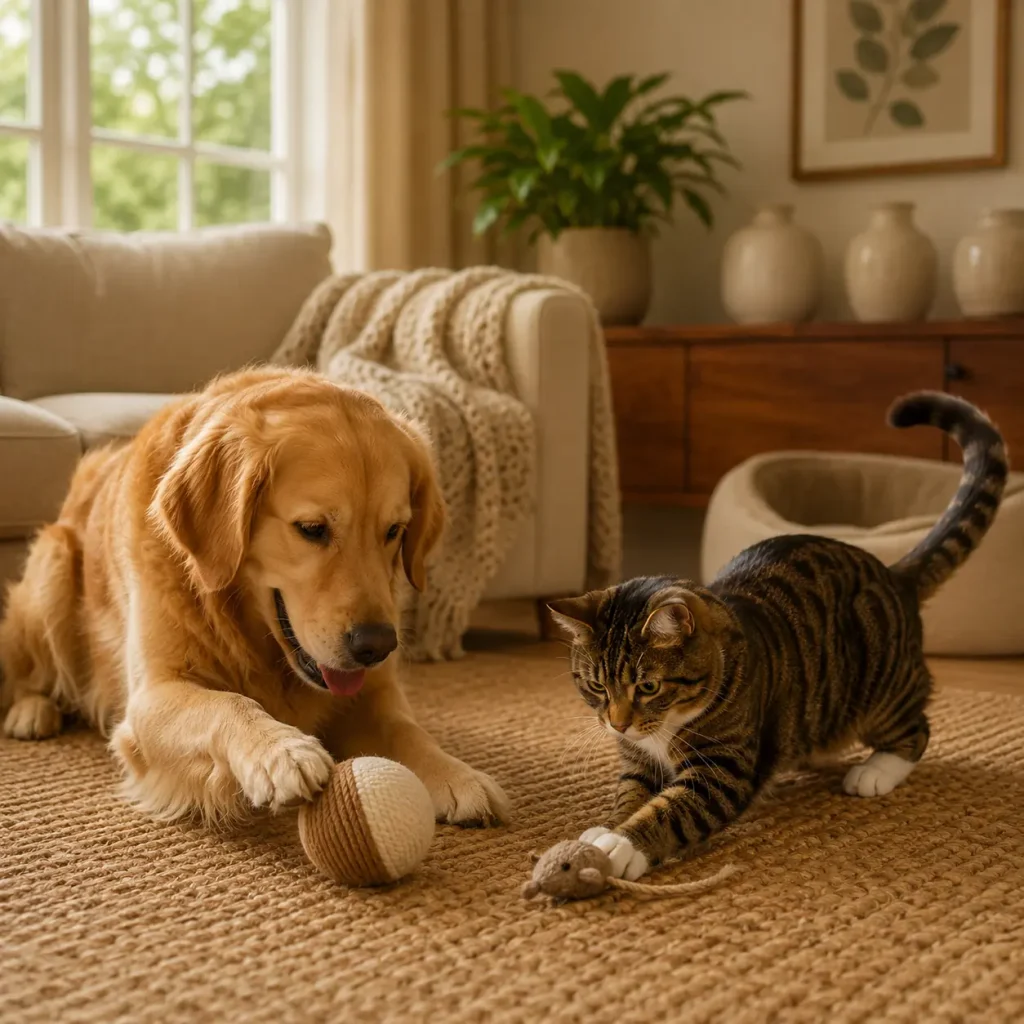 Golden retriever and tabby cat playing with pet toys in a cozy living room