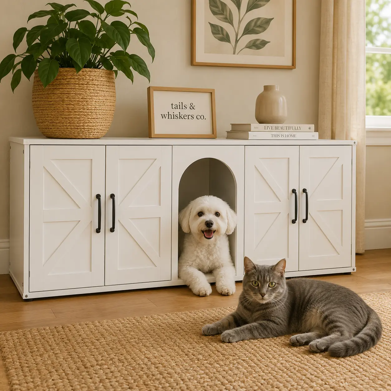 White dog and gray cat relaxing beside hidden litter box furniture