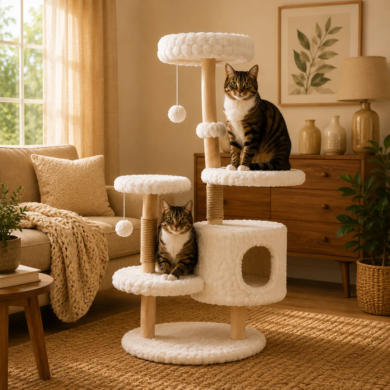 Two tabby cats relaxing on a modern white cat tree