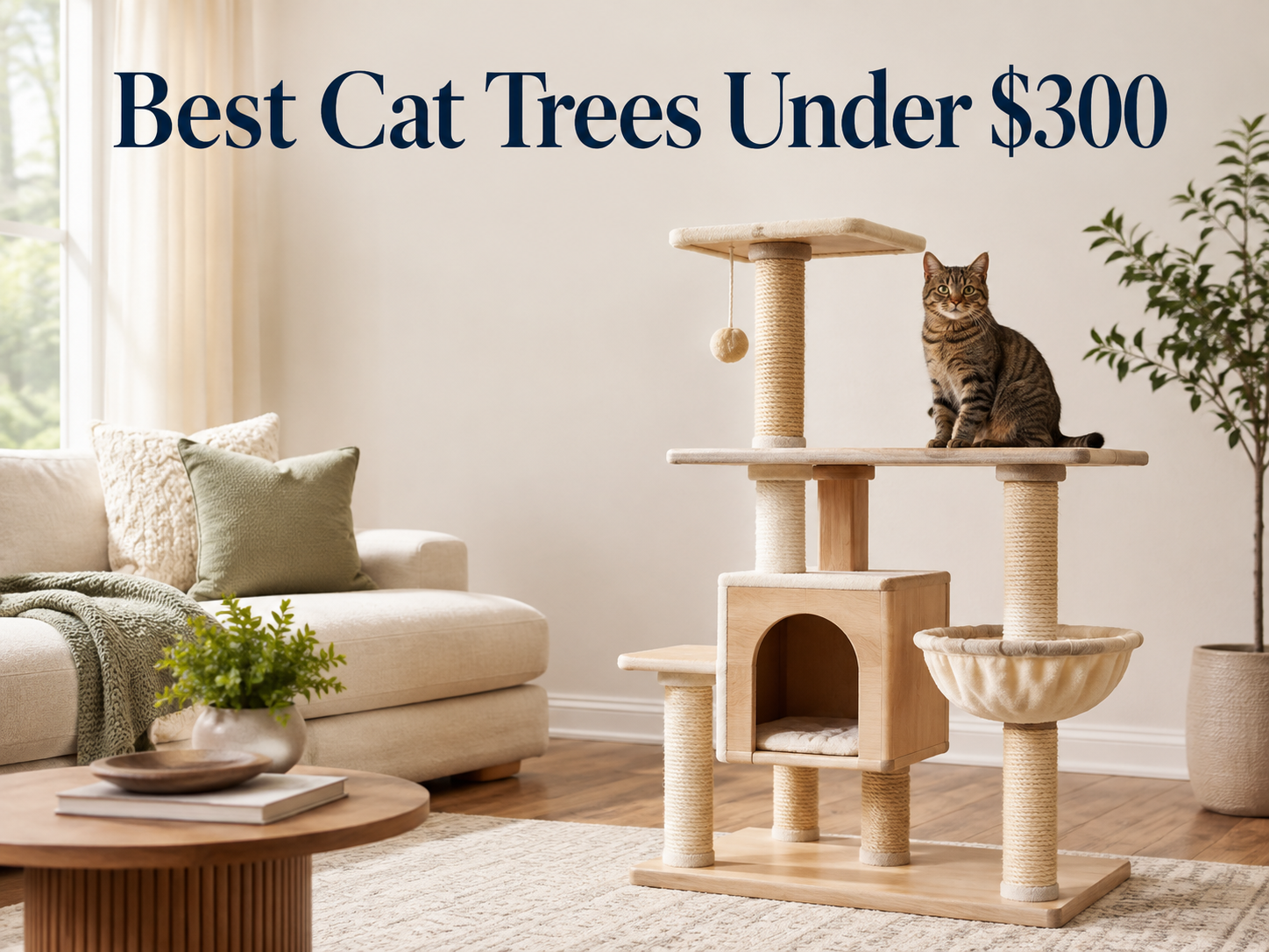 Stylish multi-level cat tree with a tabby cat in a modern living room