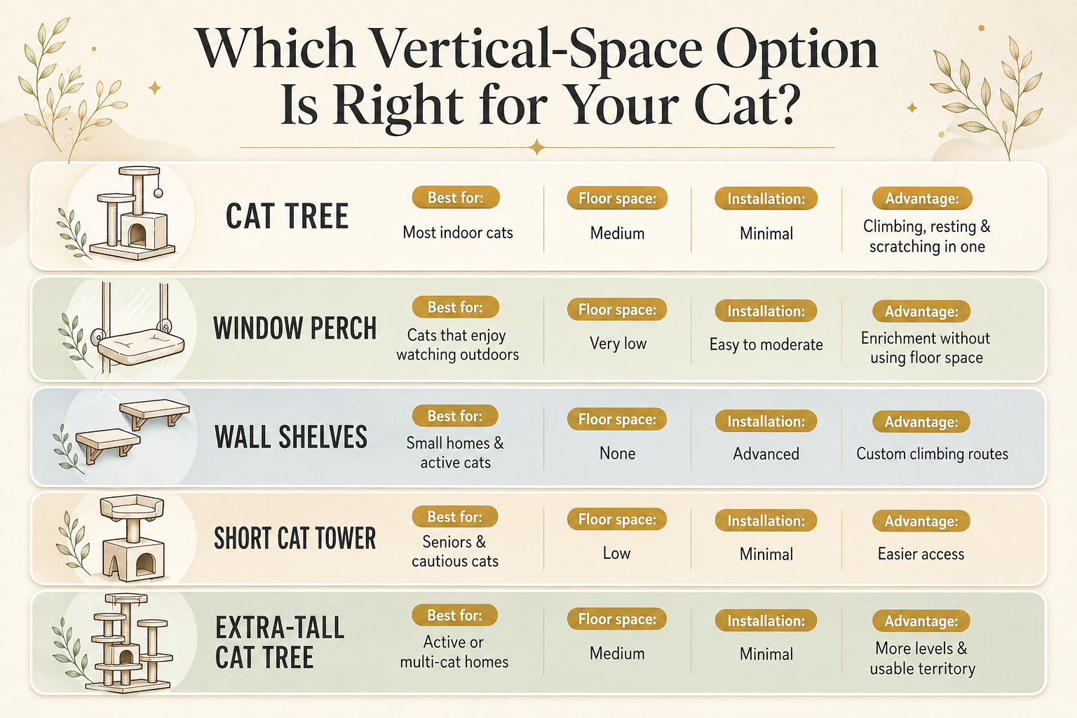 Which Vertical-Space Option Is Right for Your Cat? Comparison of five vertical-space options for indoor cats