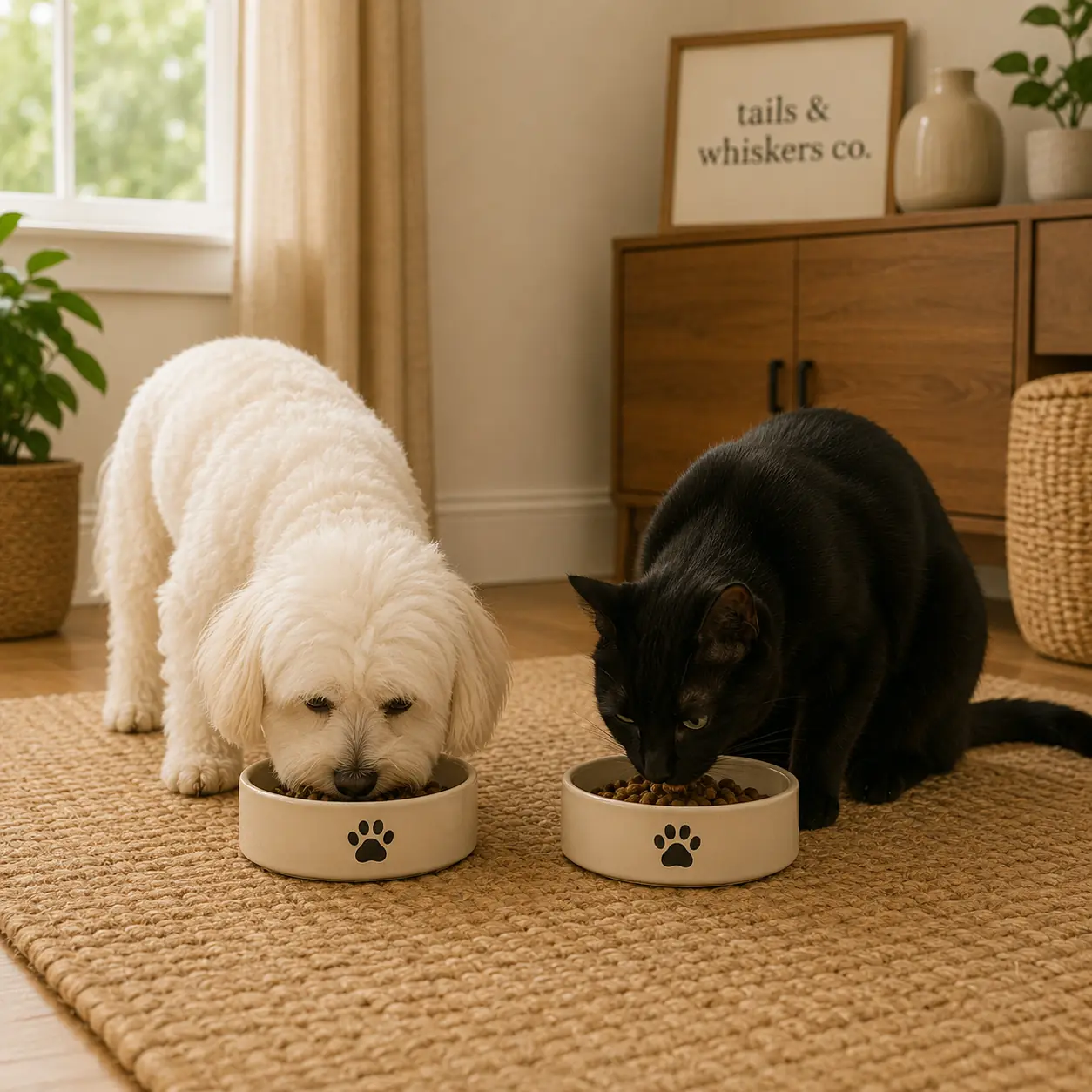 White dog and black cat eating from matching pet food bowls