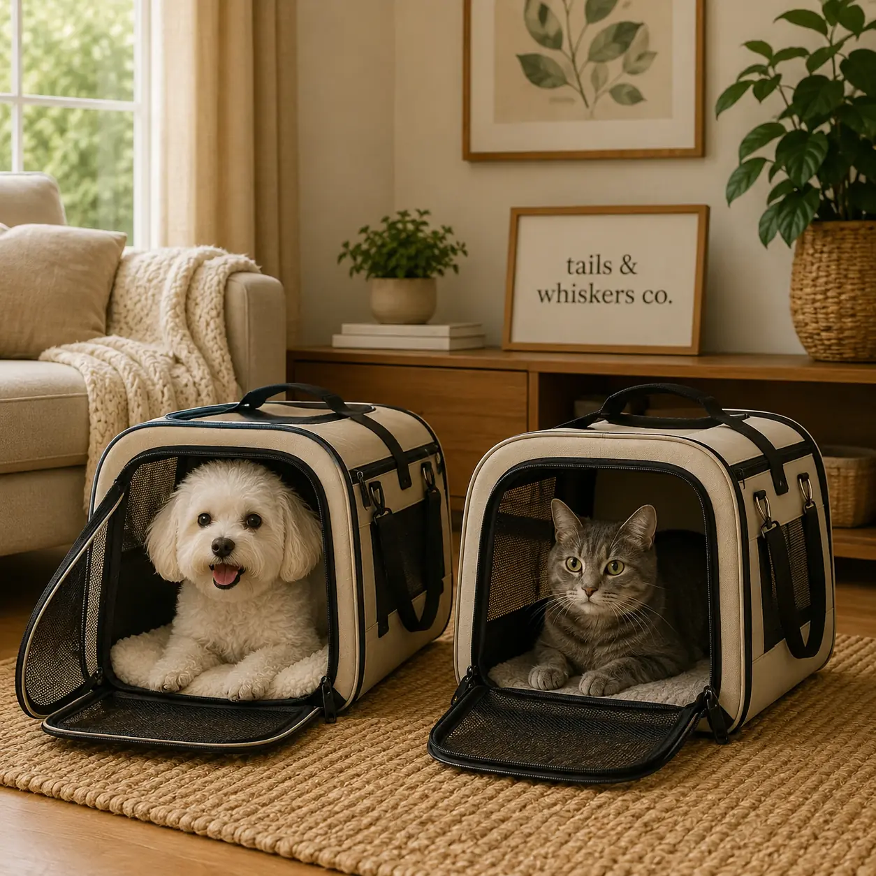 White Dog and Gray Cat in Soft-Sided Pet Carriers White dog and gray cat relaxing inside soft-sided pet carriers