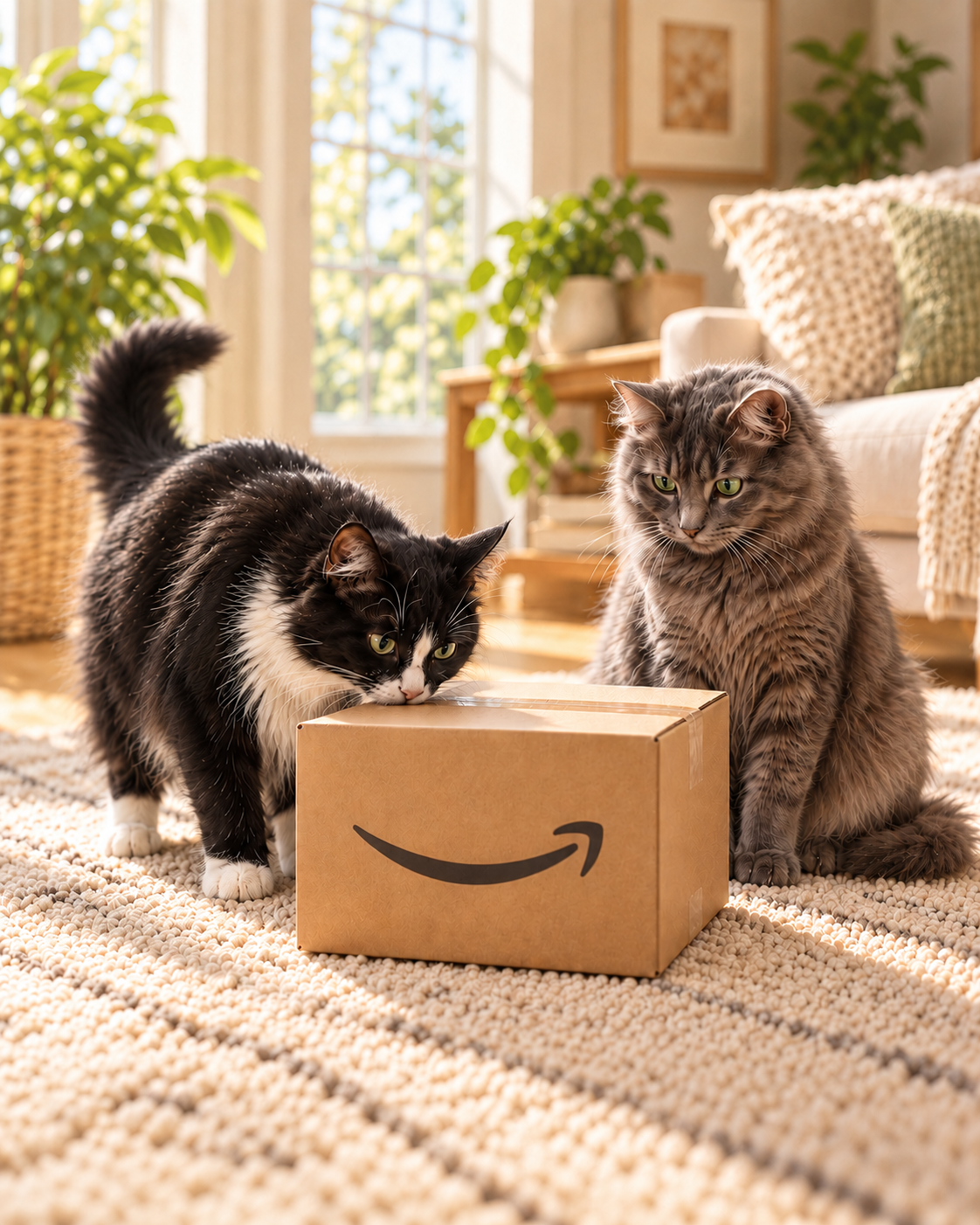 “Fluffy black-and-white cat and gray cat investigating an Amazon delivery box in a cozy living room.”