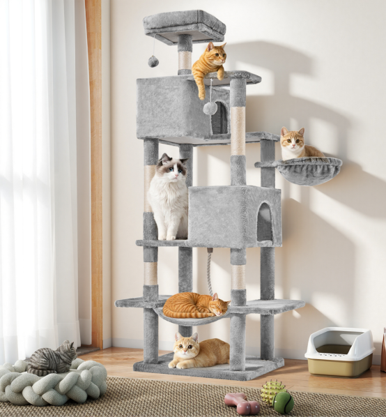 66 inch tall modern cat tree for indoor cats light grey multi level tower