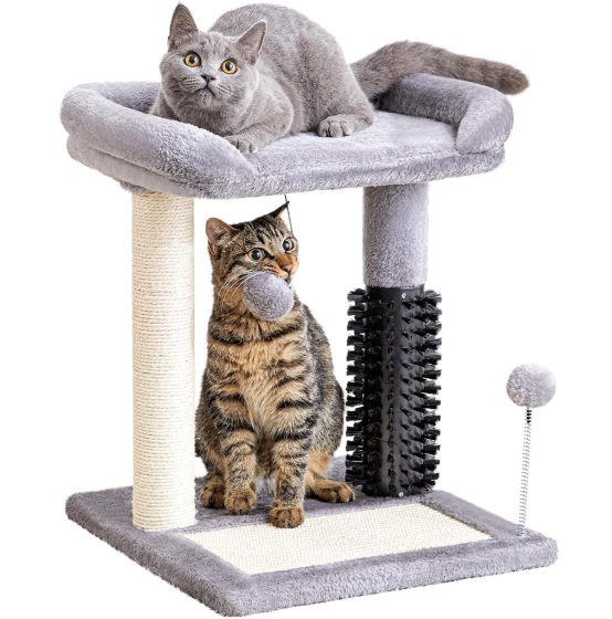 small 4-in-1 cat tree with plush bed, scratching post, grooming brush, and hanging toy for indoor cats