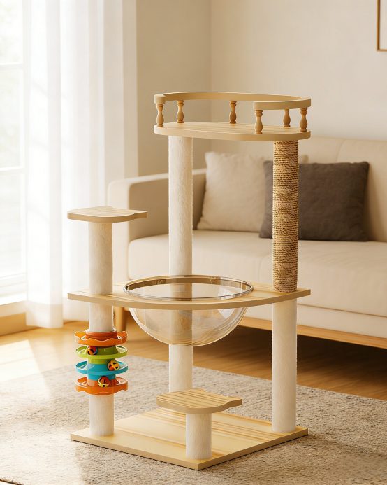 32.2-inch modern wood-look cat tree with acrylic hammock, top perch and sisal scratching posts