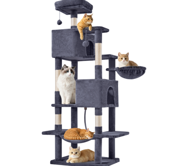 66-inch dark grey multi-level cat tree with perches, condos and hammock