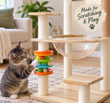 Tabby cat playing with toys on a 32-inch modern cat tree with sisal scratching posts