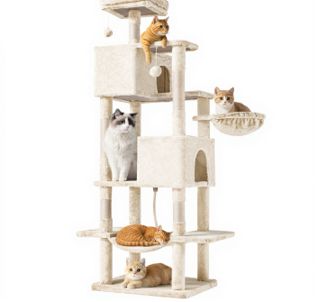 66-inch cream multi-level cat tree with perches, condos and hammock