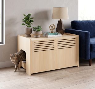 Modern beige and brown cat litter box enclosure with scratching pad