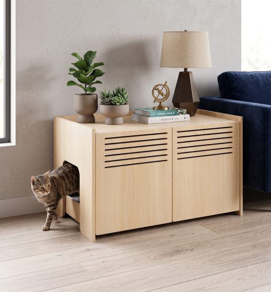 Modern beige and brown cat litter box enclosure with scratching pad