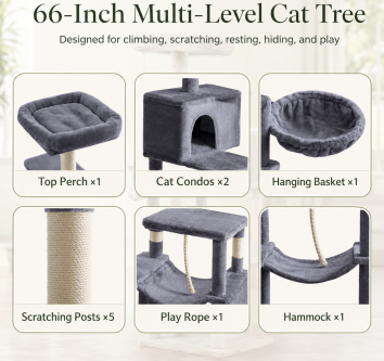 Features of a 66-inch multi-level cat tree with perches, condos, scratching posts, play rope and hammock