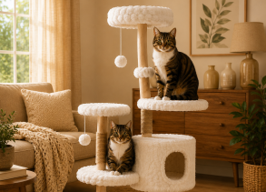 Modern plush cat tree with two tabby cats in a cozy neutral living room
