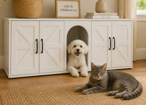 White dog and gray cat relaxing beside a modern litter box enclosure cabinet in a cozy neutral living room