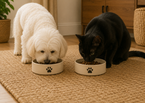 White dog and black cat eating from pet food bowls in a cozy modern home
