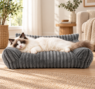 Fluffy cat relaxing on a gray plush cat couch bed