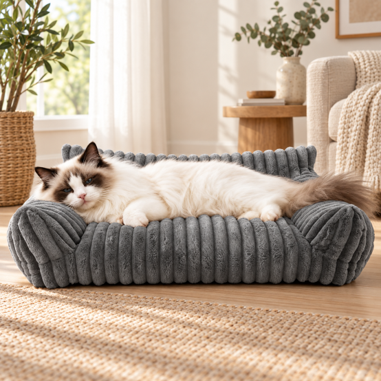 Fluffy cat relaxing on a gray plush cat couch bed