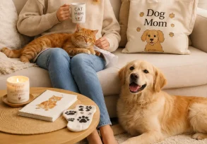 Cat mom relaxing with an orange cat and golden retriever beside pet lover gifts