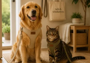 Golden retriever and tabby cat wearing matching harnesses and leashes