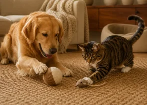 Golden retriever and tabby cat playing with pet toys in a cozy living room