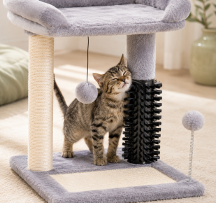 Kitten using the grooming brush on a small 4-in-1 cat tree