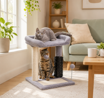 Small gray 4-in-1 cat tree for kittens in a bright living room