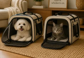 White dog and gray cat relaxing inside soft-sided pet carriers